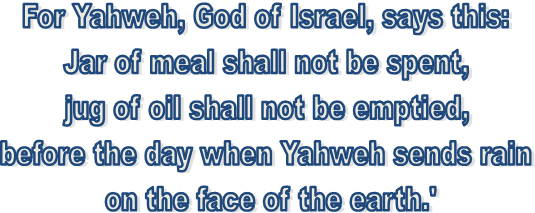 For Yahweh, God of Israel, says this: 
Jar of meal shall not be spent, 
jug of oil shall not be emptied, 
before the day when Yahweh sends rain 
on the face of the earth.'
